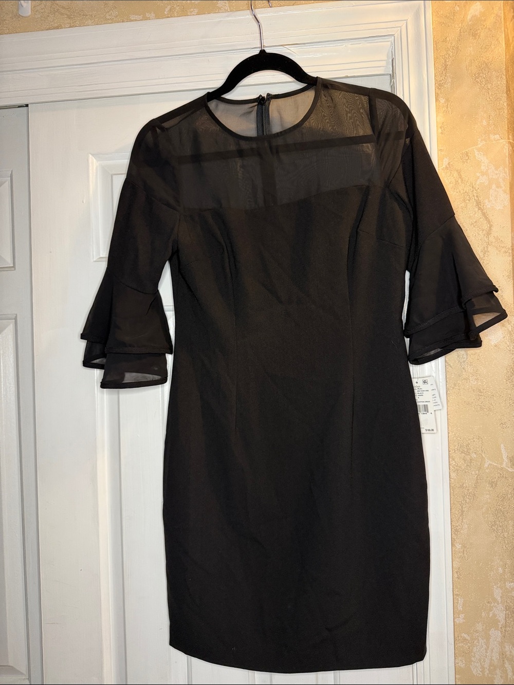 Elegant Black Sheer-Yoke Dress with Ruffle Sleeves